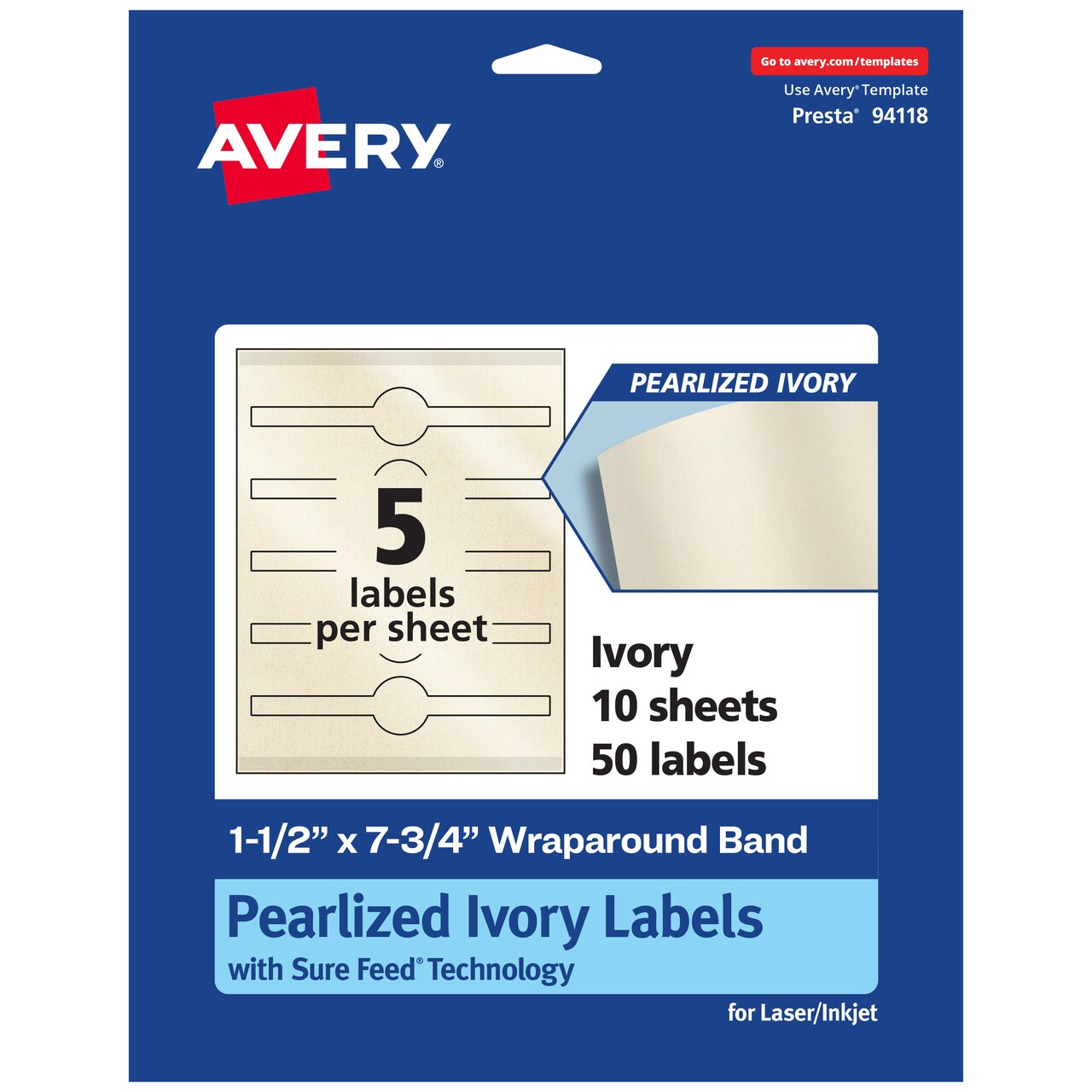 Avery Pearlized Ivory Wraparound Labels with Sure Feed Technology, Print-to-the-Edge, 1.5" x 7.75"
